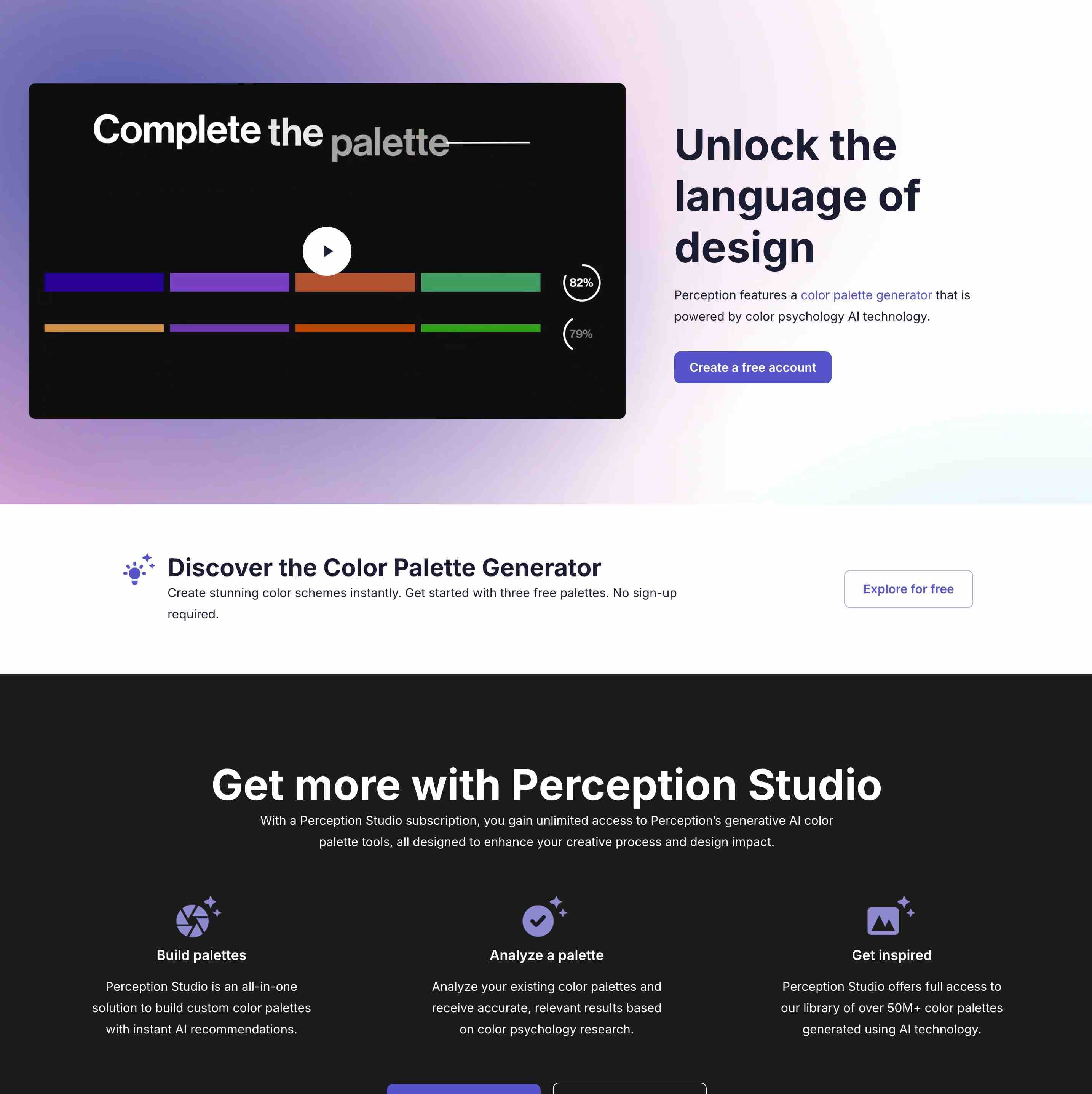 Screenshot of the Perception.io homepage showing an AI color palette tool