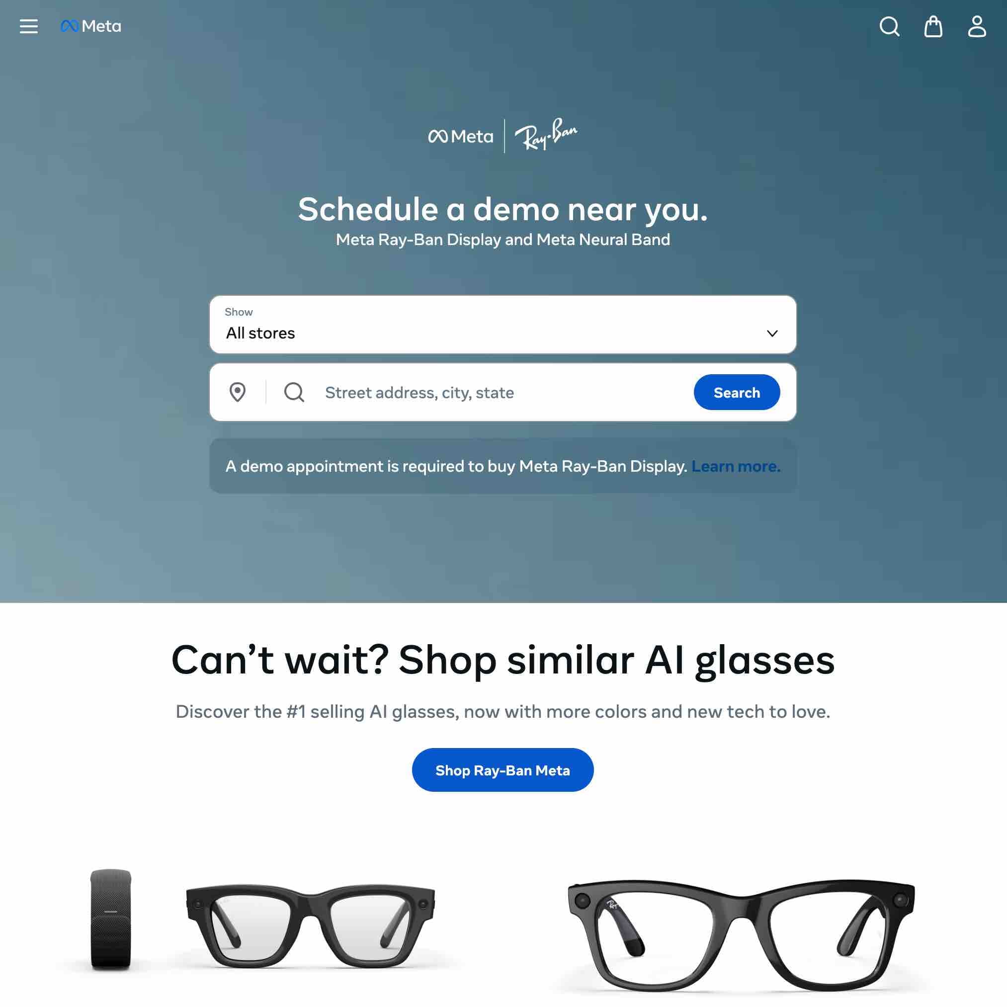 Screenshot of the Meta Ray-Ban demo scheduler with a store search form
